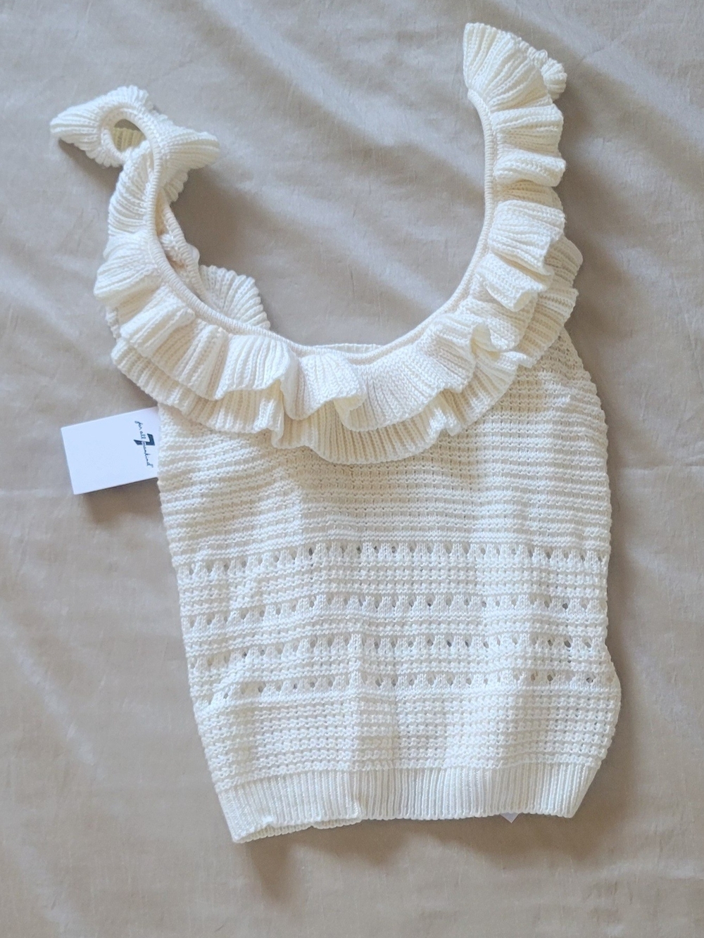 7 For All Mankind Cream Ruffle Knit Off-Shoulder Sweater Tank